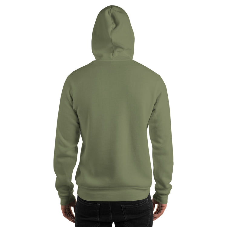 Olive green unisex hoodie back view with hood and kangaroo pocket.