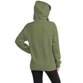 Military green hoodie, back view with drawstring hood and front kangaroo pocket