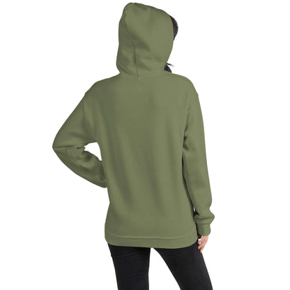 Military green hoodie, back view with drawstring hood and front kangaroo pocket
