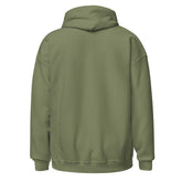 Military green unisex pullover hoodie back view with hood and kangaroo pocket