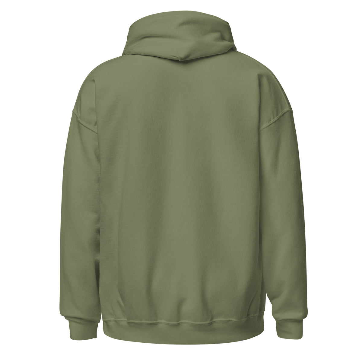 Military green unisex pullover hoodie back view with hood and kangaroo pocket
