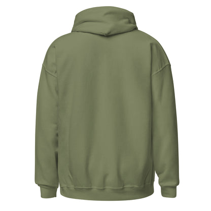 Military green unisex pullover hoodie back view with hood and kangaroo pocket