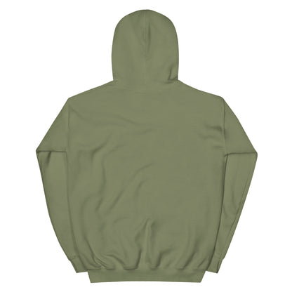 Olive green pullover hoodie, back view with hood and plain shoulders