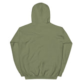 Military green unisex hoodie, back view with hood and kangaroo pocket