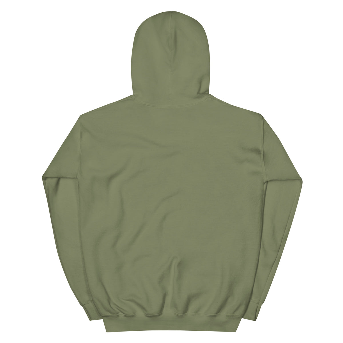 Military green pullover hoodie, back view with hood and kangaroo pocket opening