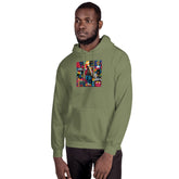 Olive green unisex pullover hoodie with front hood and colorful square graphic
