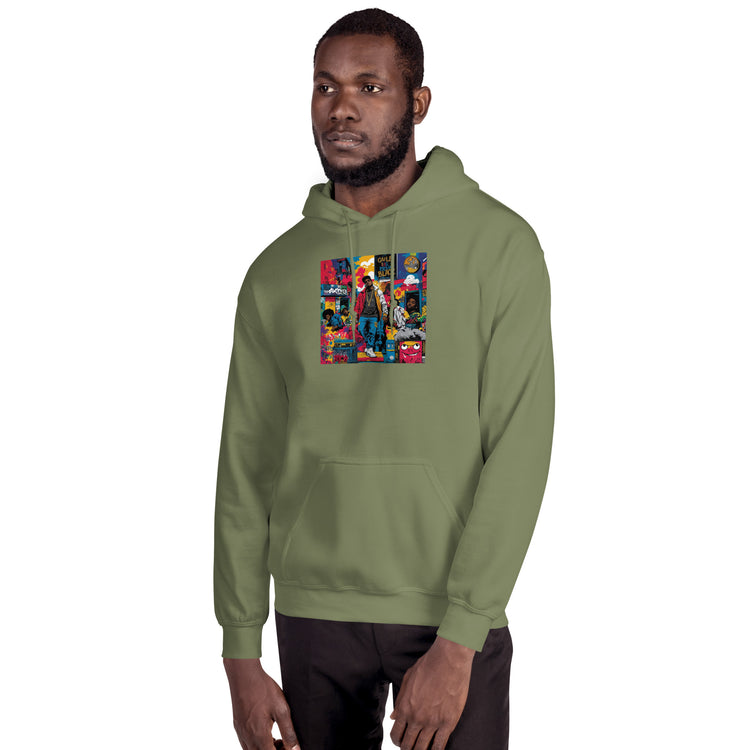 Olive green unisex pullover hoodie with front hood and colorful square graphic