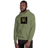 Olive green unisex hoodie with hood, front pocket, and chest graphic patch