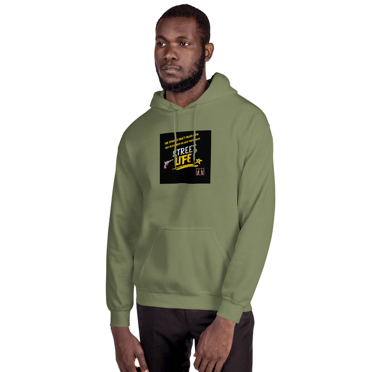 Olive green unisex hoodie with hood, front pocket, and chest graphic patch