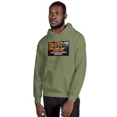 Military green unisex hoodie with front graphic print and kangaroo pocket