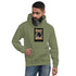 Olive green unisex hoodie with front graphic print and kangaroo pocket