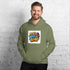 Unisex pullover hoodie, olive green, with front graphic print and kangaroo pocket