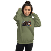 Unisex hoodie in military green with front graphic print and kangaroo pocket.