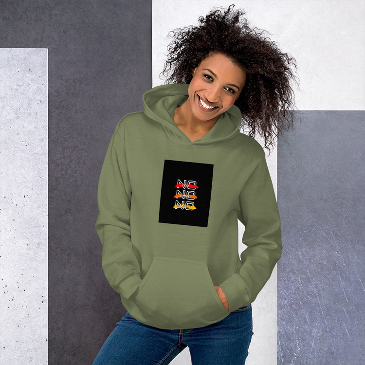 Unisex olive green hoodie with hood, kangaroo pocket, and square chest graphic.