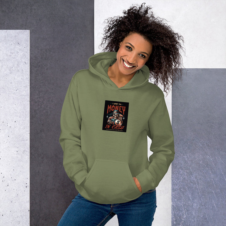 Unisex military green hoodie with front graphic and kangaroo pocket, long sleeves