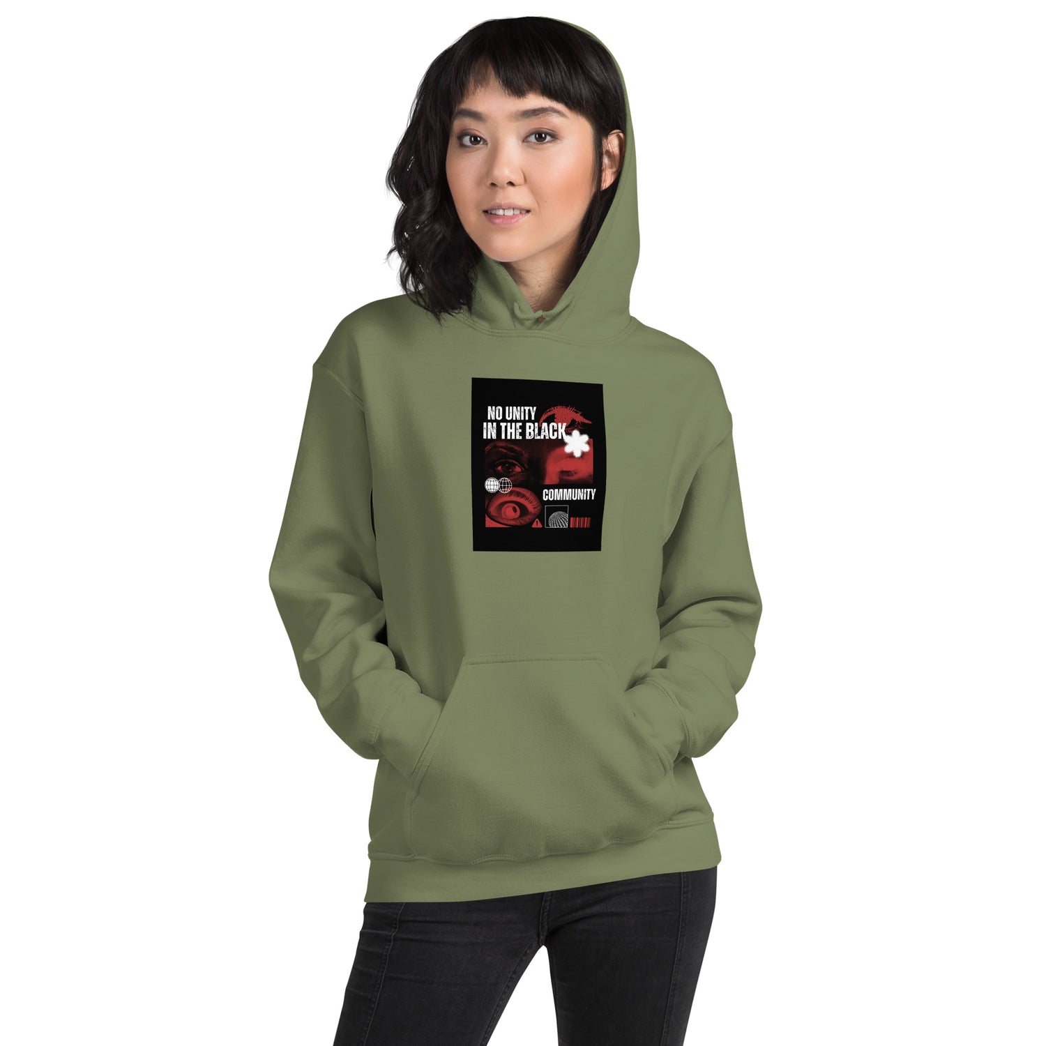 Unisex hoodie in military green, front logo graphic, pullover hood with kangaroo pocket