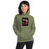 Unisex pullover hoodie, military green, front graphic print and kangaroo pocket