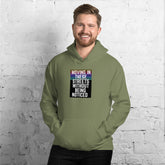 Military green unisex hoodie with front logo graphic and kangaroo pocket