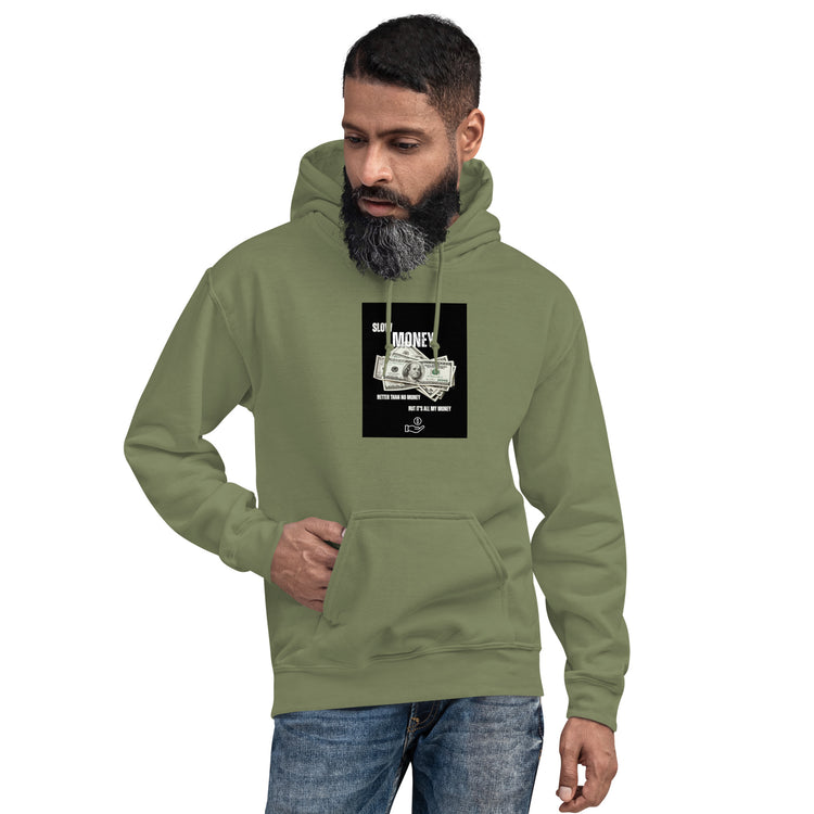 Unisex olive green pullover hoodie with front pocket and printed chest graphic