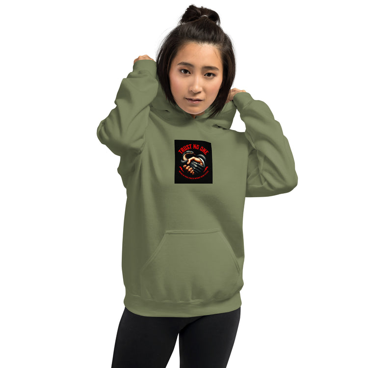 Unisex pullover hoodie, military green, chest graphic patch, hood and front pouch