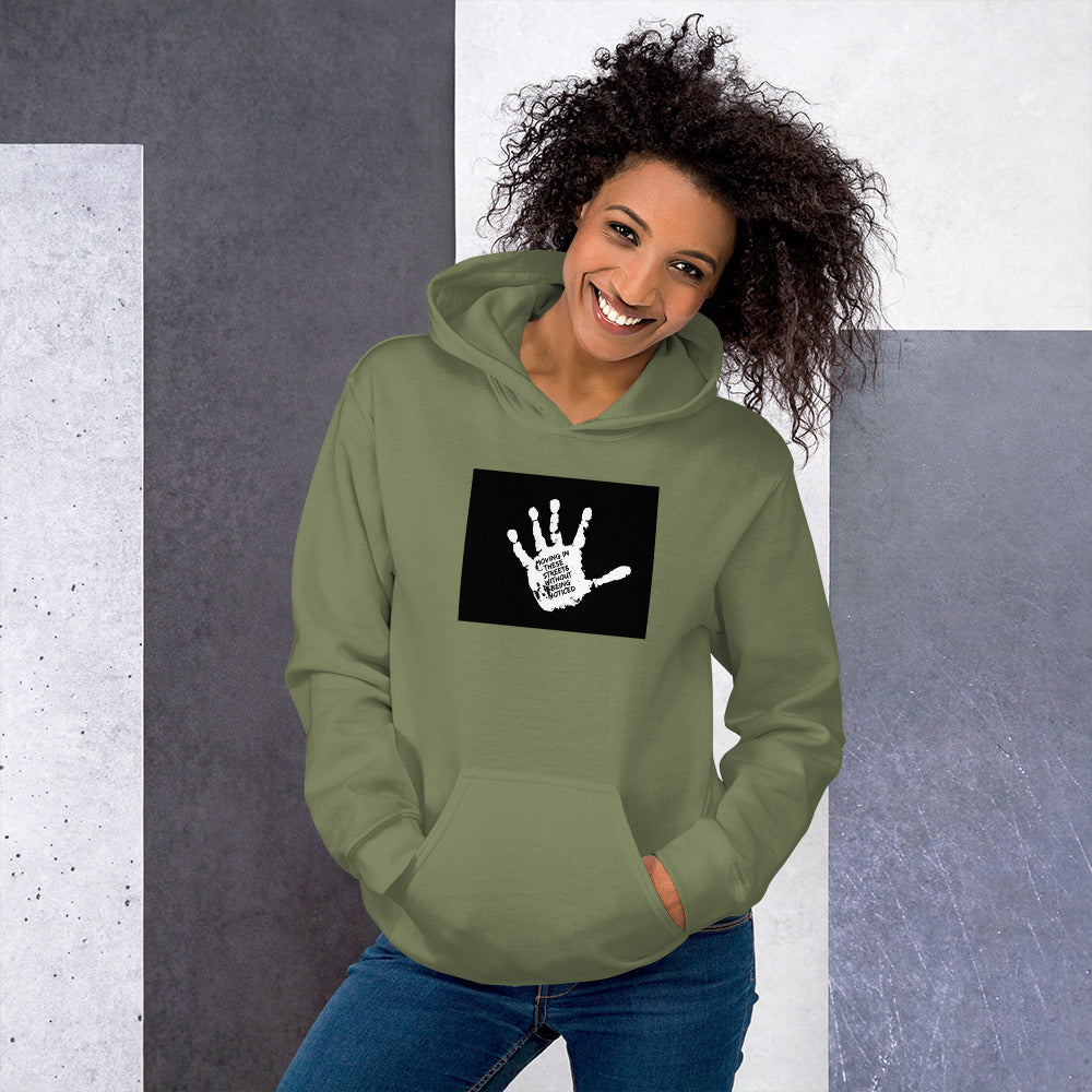 Unisex hoodie in military green, black chest graphic, hood and kangaroo pocket