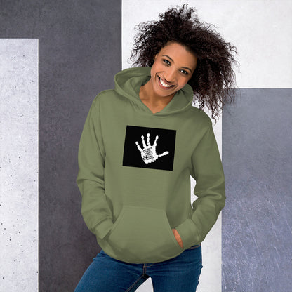Unisex hoodie in military green, black chest graphic, hood and kangaroo pocket
