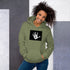 Unisex military green hoodie with black handprint graphic and kangaroo pocket
