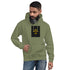 Unisex military green hoodie with front kangaroo pocket and chest graphic print