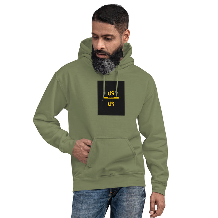 Unisex military green hoodie with front kangaroo pocket and chest graphic print
