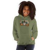 Military Green unisex pullover hoodie with front graphic and kangaroo pocket