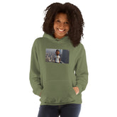 Green unisex hoodie with front photo graphic, kangaroo pocket, and hood