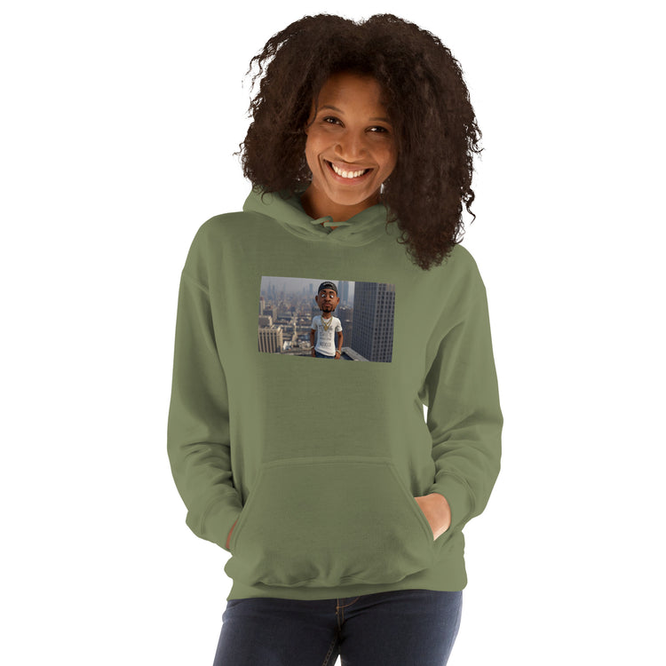 Green unisex hoodie with front photo graphic, kangaroo pocket, and hood