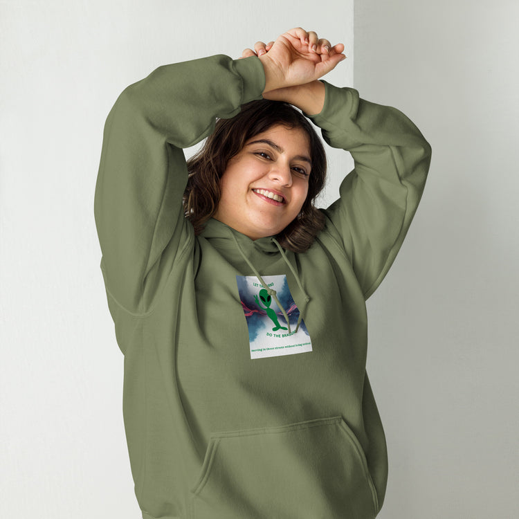 Military green unisex hoodie with chest graphic, hood with drawstrings, and front pouch pocket