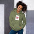 Unisex hoodie in military green with front graphic patch and kangaroo pocket.