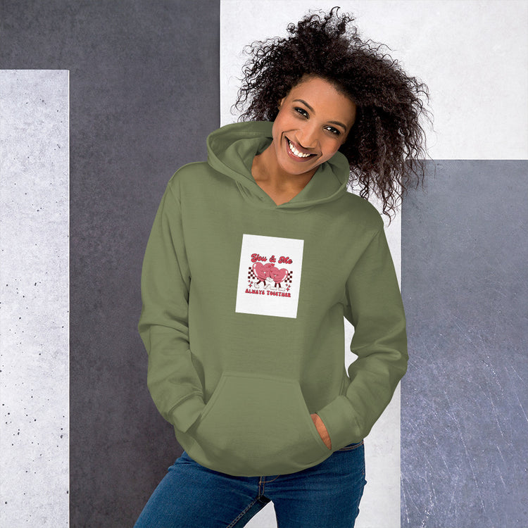 Unisex hoodie in military green with front graphic patch and kangaroo pocket.