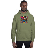 Olive green unisex pullover hoodie with front hood, kangaroo pocket, colorful square graphic