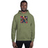 Olive green unisex pullover hoodie with front hood, kangaroo pocket, colorful square graphic