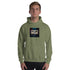 Unisex military green hoodie with hood, pouch pocket, and front square logo graphic.
