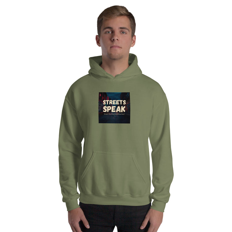 Unisex military green hoodie with hood, pouch pocket, and front square logo graphic.