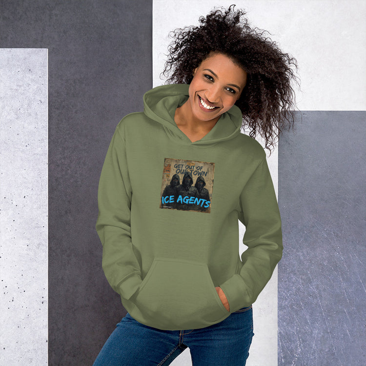 Unisex hoodie in military green with “ICE AGENTS” front graphic