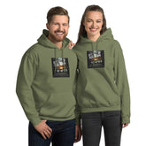 Unisex hoodie in military green with front logo graphic, pullover hood, and kangaroo pocket