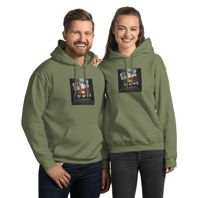 Unisex hoodie in military green with front logo graphic, pullover hood, and kangaroo pocket