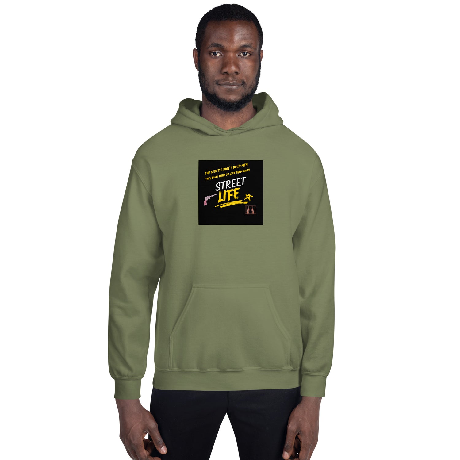 Street Life Unisex Hoodie vorne, Olivgrün mit Kapuze und quadratischem Frontprint