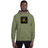 Olive green unisex pullover hoodie with hood and front pocket, chest graphic