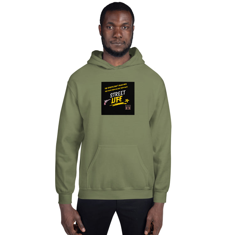 Olive green unisex pullover hoodie with hood and front pocket, chest graphic