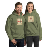Olive green unisex hoodie with front pocket and hood, graphic chest print