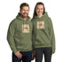 Olive green unisex hoodie with front pocket and hood, graphic chest print