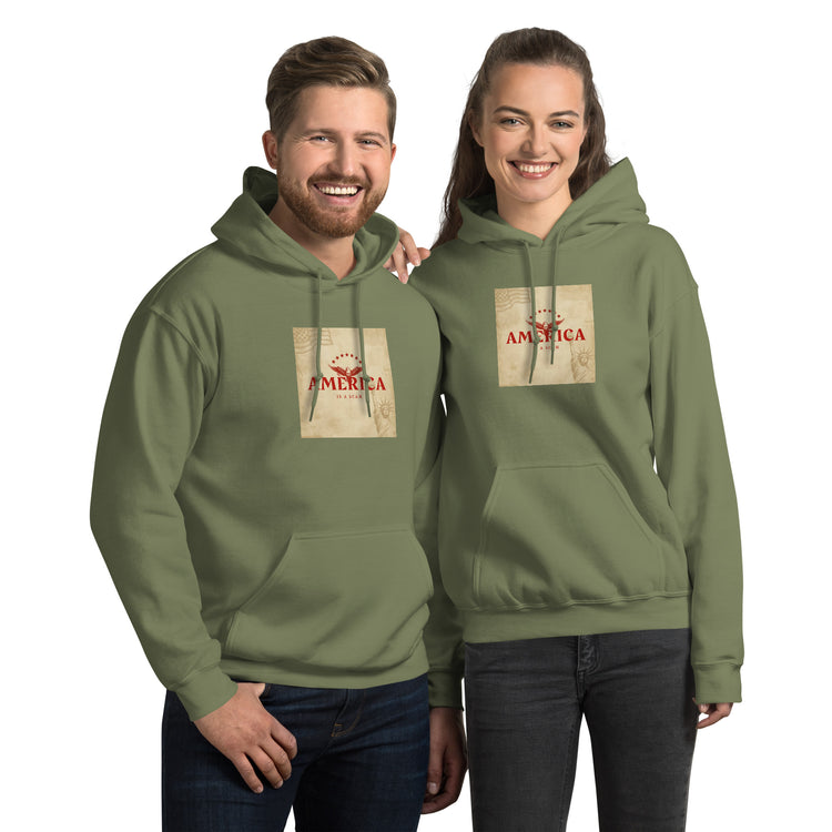 Olive green unisex hoodie with front pocket and hood, graphic chest print