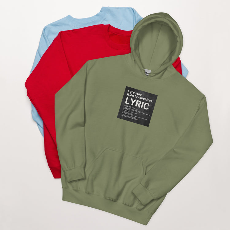 Olive green hoodie with front graphic label reading “LYRIC”
