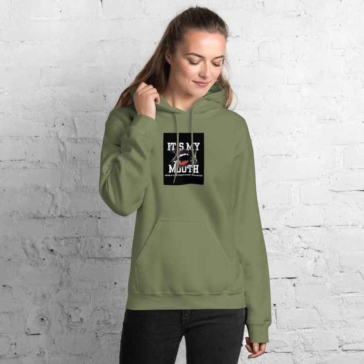 Olive green unisex hoodie with front pouch pocket, drawstring hood, square chest logo